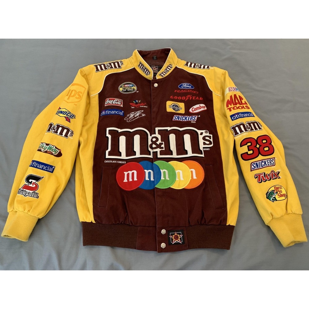 M&M's Jacket Mens Small Brown Yellow NASCAR Racing JH Design 38 Sadler